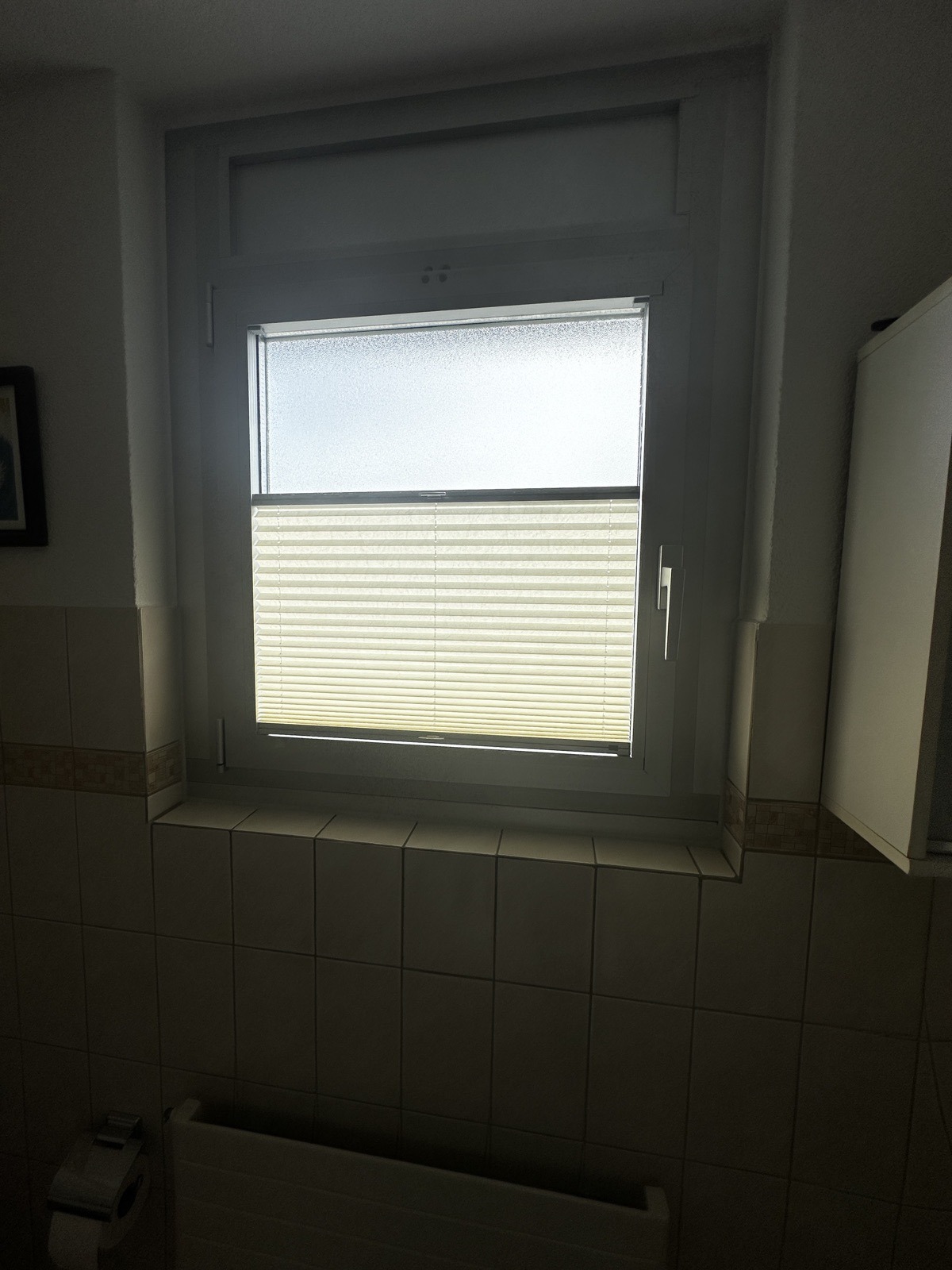 Badezimmerfenster mit cremefarbenem Plissee nach Mass – nachher
