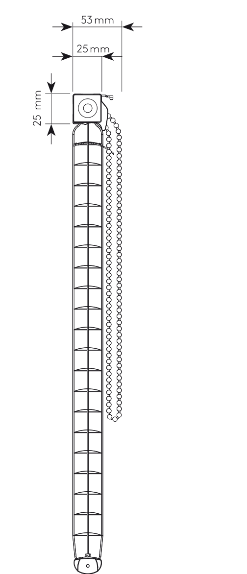 Einbaumasse Alu-Jalousie 25 mm in der Seitenansicht: Oberschiene 25 × 25 mm, Gesamttiefe 53 mm inklusive Kettenzug, darunter das geschlossene Lamellenpaket mit Bedienkette.