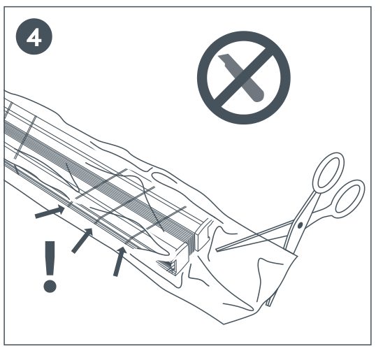 Schritt 4: Warnung — nicht mit Messer oder Schere an die Folie und die Spannschnüre